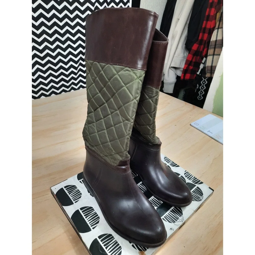 Cougar Storm Women Brown Olive‎ Green Quilted Tall Rubber Rain Boots Size 8